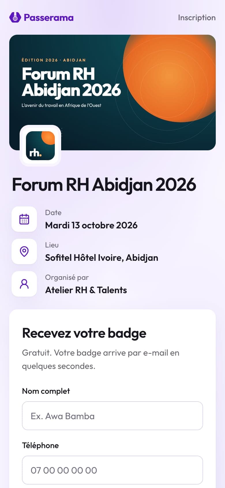 Page publique d’inscription