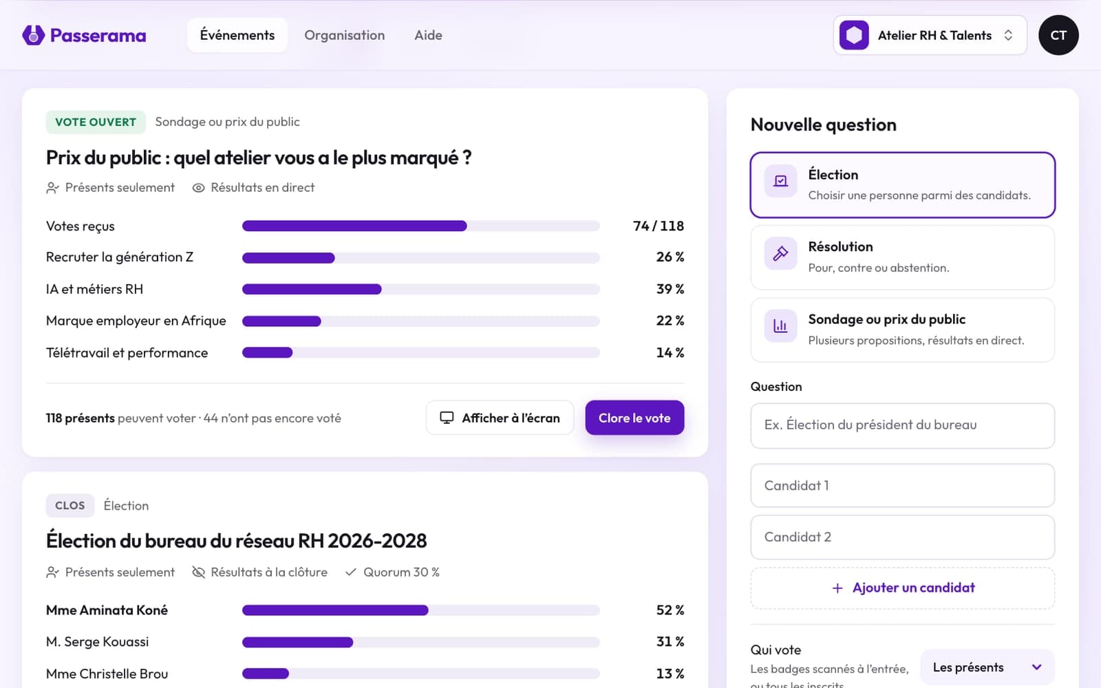 Préparation des questions dans l’espace organisateur